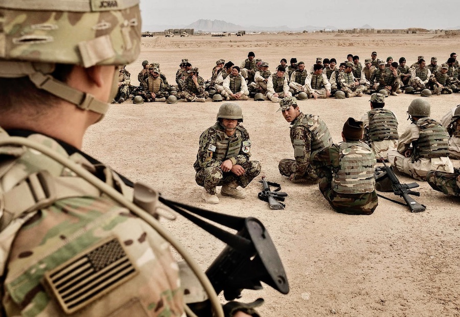 American soldiers overseeing training of their Afghan counterparts at Camp Bastion in Helmand Province, Afghanistan, March 22, 2016. (Adam Ferguson/The New York Times)
